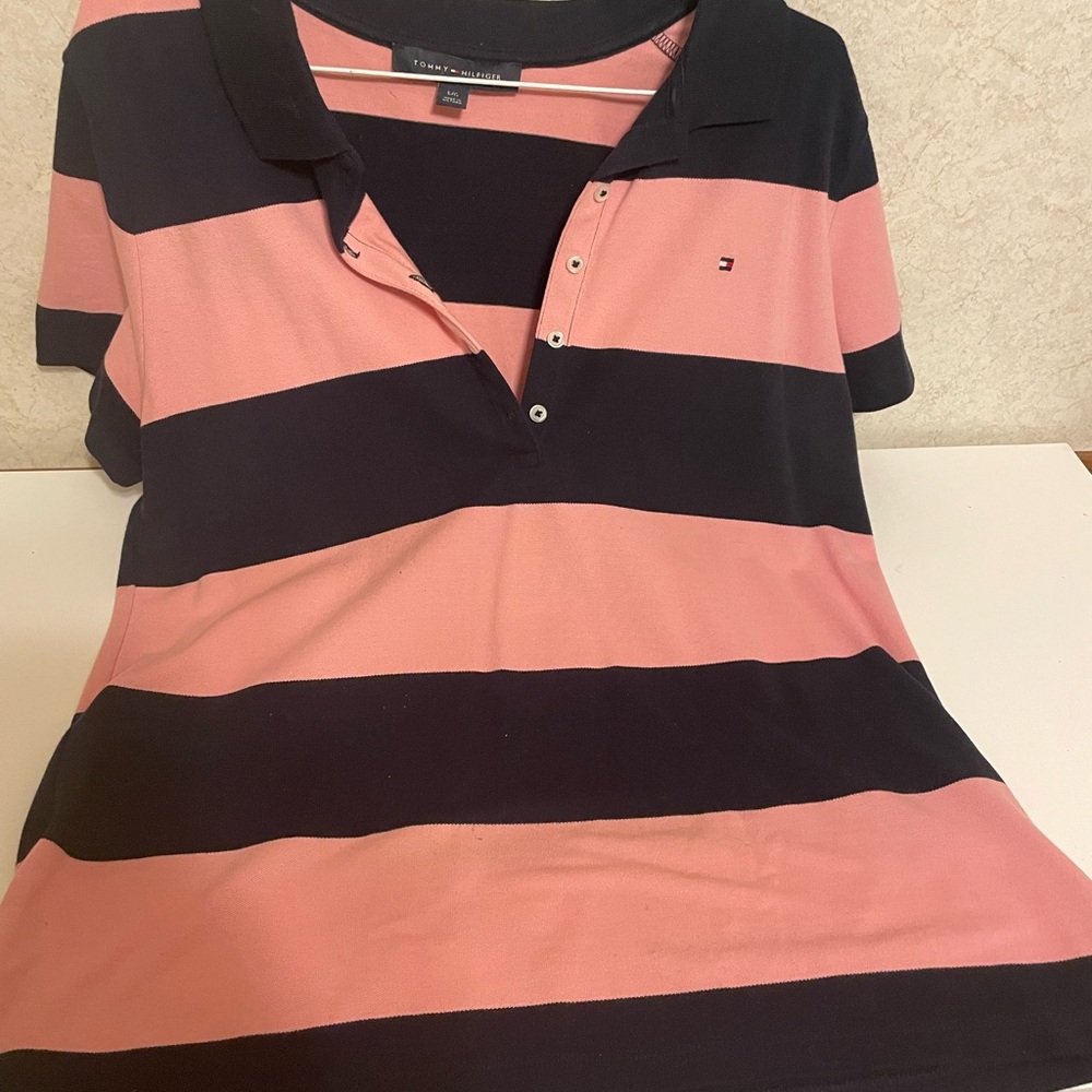 Tommy Hilfiger Pink and Blue Button Polo womens